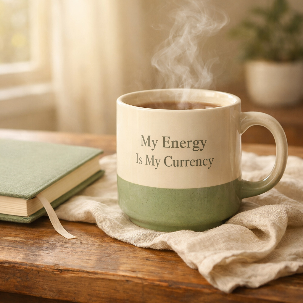 Kisa Soul affirmation mug with “My Energy Is My Currency” text, styled in a calm neutral setting with journal and soft morning light